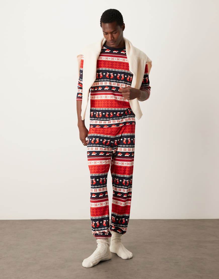 Urban Threads - Weihnachtspyjama aus Polyester mit Norwegermuster aus langärmligem Shirt und Hose-Rot von Urban Threads