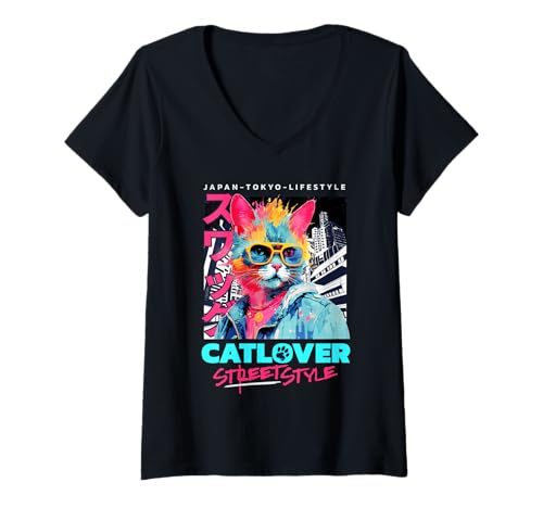Damen Bunte Katze Tokyo Streetstyle Art Anime Design T-Shirt mit V-Ausschnitt Damen Bunte Katze Tokyo Streetstyle Art Anime Design T-Shirt mit V-Ausschnitt von Urban Tokyo Artwear Urban Cat Street Art Designs