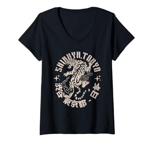 Damen Shibuya Tokyo Tiger – Vintage Japan Streetwear Tiger T-Shirt mit V-Ausschnitt Damen Shibuya Tokyo Tiger – Vintage Japan Streetwear Tiger T-Shirt mit V-Ausschnitt von Urban Tokyo