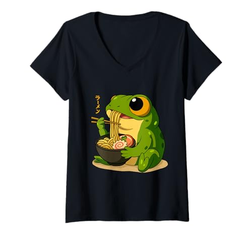 Damen Kawaii Frosch Slurps Ramen: Süße Nudelschale Kunst T-Shirt mit V-Ausschnitt Damen Kawaii Frosch Slurps Ramen: Süße Nudelschale Kunst T-Shirt mit V-Ausschnitt von Urban Umami