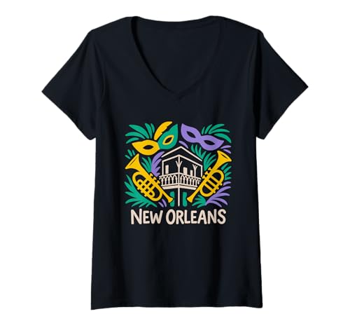 Damen New Orleans und Mardi Balkongras Jazz Design T-Shirt mit V-Ausschnitt Damen New Orleans und Mardi Balkongras Jazz Design T-Shirt mit V-Ausschnitt von Urban Vibe Apparel Co.