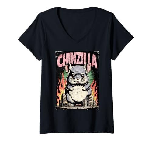 Damen Chinzilla Riesiges Monster Chinchilla City Retro Comic Funny T-Shirt mit V-Ausschnitt Damen Chinzilla Riesiges Monster Chinchilla City Retro Comic Funny T-Shirt mit V-Ausschnitt von UrbanCritter