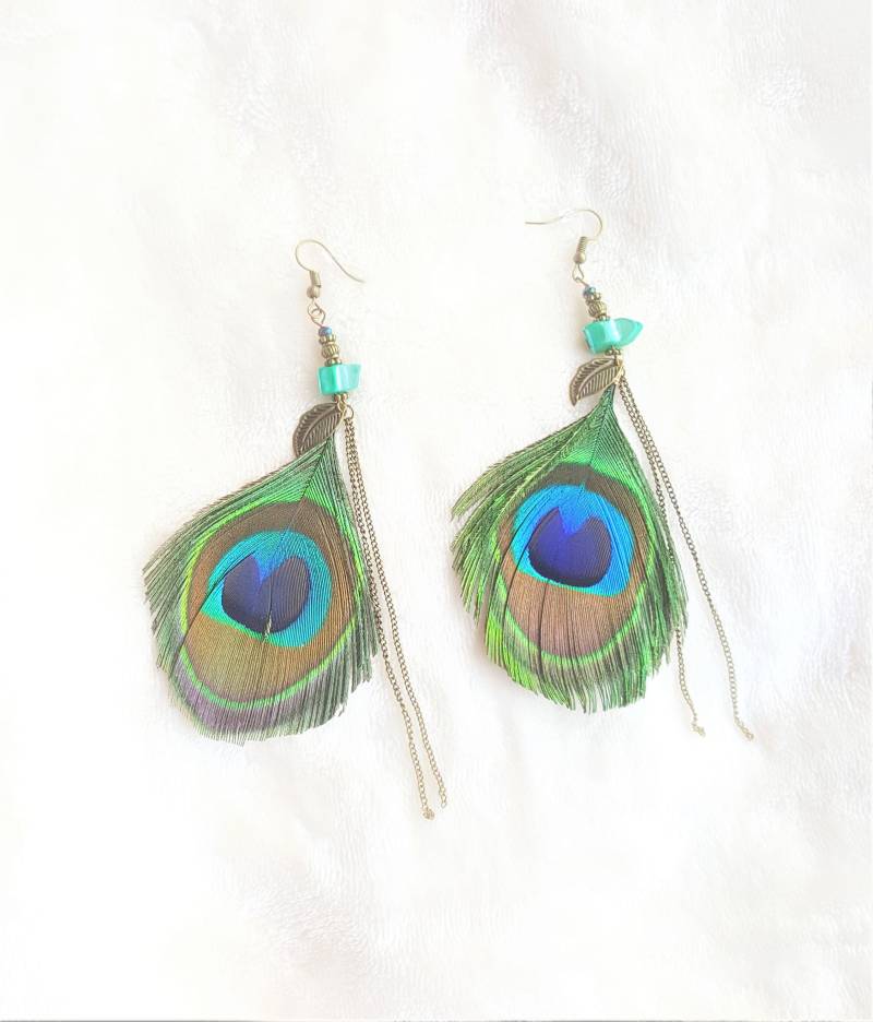 Ohrringe Pfau Feder Blatt Charme Blue Bead Oxidiert Goldkette, Pfau-Feder-Schmuck Ohrringe Pfau Feder Blatt Charme Blue Bead Oxidiert Goldkette, Pfau-Feder-Schmuck von UrbanFlairUS