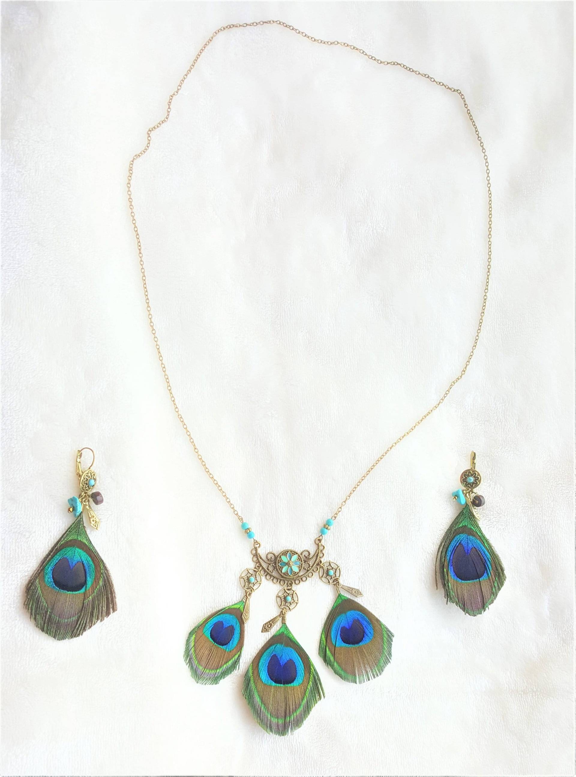 Pfauenfeder Schmuck Set Boho Halskette Ohrringe Pfauenfeder Schmuck Set Boho Halskette Ohrringe von UrbanFlairUS