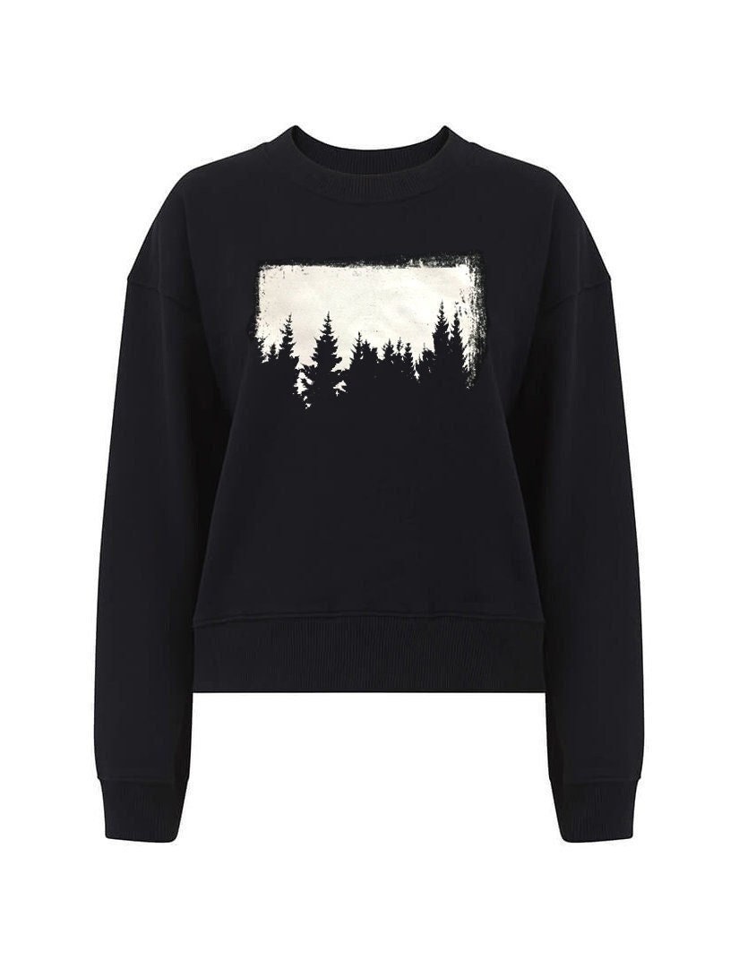 Damen Sweatshirt, Größe Xl, Bio-Baumwolle, Drop Schulter, Wald Bäume Siebdruck Grafik Sweatshirt von UrbanMoonStudio