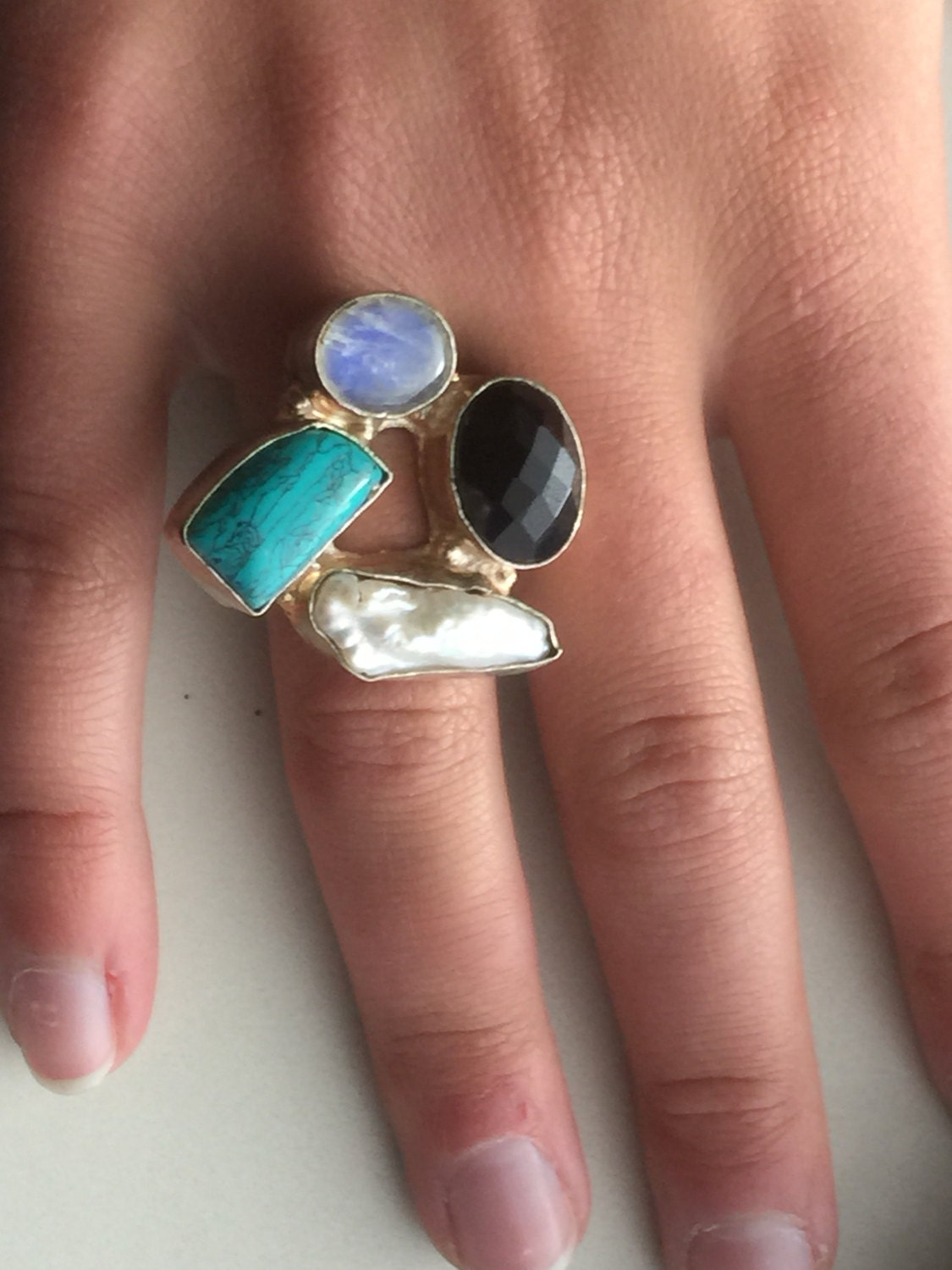 Multi-stone Ring Set in 925 Silber - Türkis, Biwa Perle, Opalit Und Schwarzer Kristall Multi-stone Ring Set in 925 Silber - Türkis, Biwa Perle, Opalit Und Schwarzer Kristall von UrbanRetroDesigns