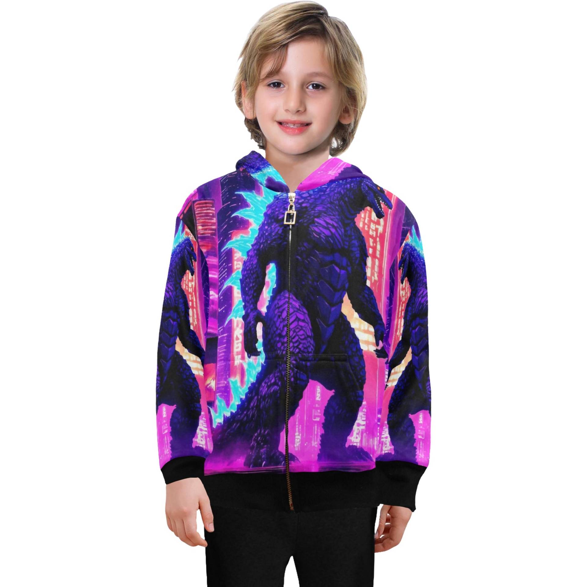 Hoodie Mit Reißverschluss Jungen Kids Godzilla Kaiju Gojira Neon Retro Cartoo von UrbanShopEU