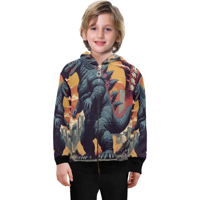 Hoodie Mit Reißverschluss Jungen Kids Godzilla Kaiju Gojira Retro Art Comics Cartoon von UrbanShopEU