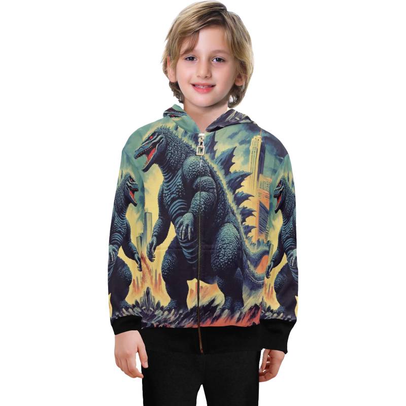 Hoodie Mit Reißverschluss Jungen Kids Godzilla Kaiju Gojira Retro Art von UrbanShopEU