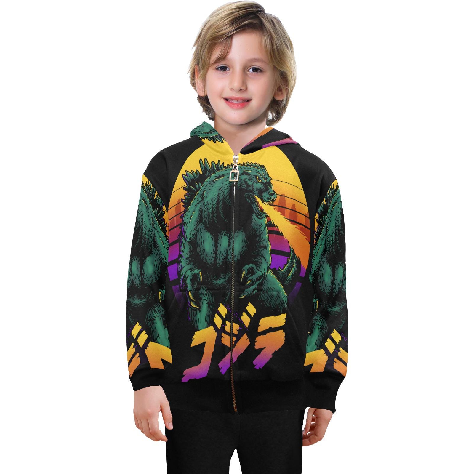 Hoodie Mit Reißverschluss Jungen Kids Kaiju Retro Neon Cartoon Comics Gojira Hoodies Godzilla Art von UrbanShopEU