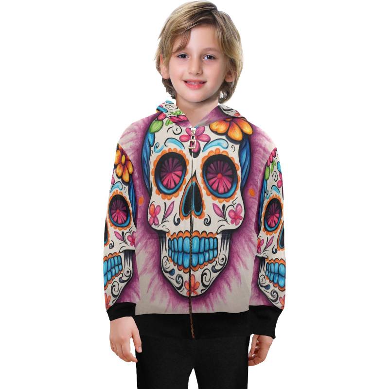 Hoodie With Zipper Boys Kids Sugar Skull Día De Los Muertos von UrbanShopEU