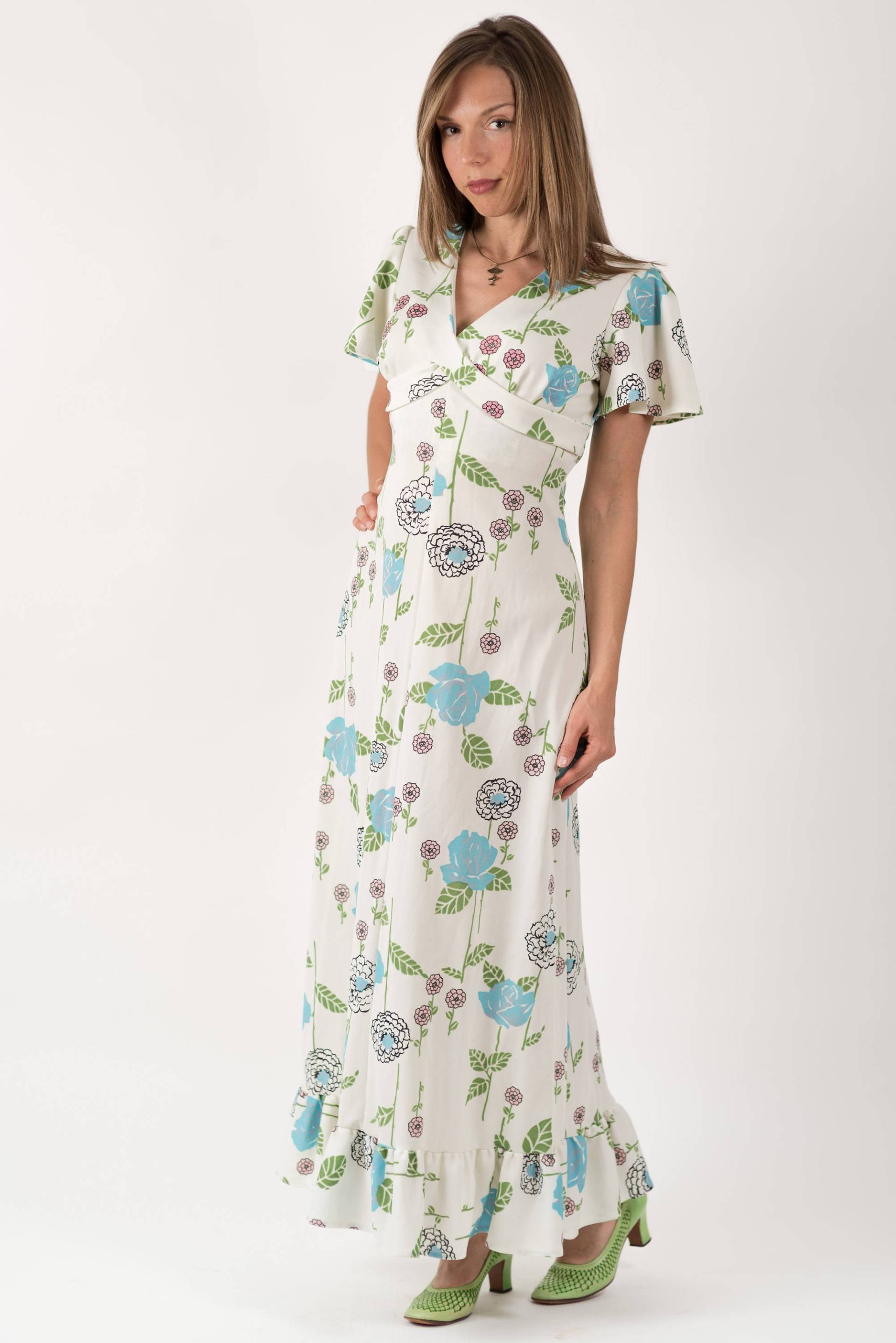 Vintage Creme Retro Floral Print Flutter Ärmel Maxi Kleid | Größe Klein/Medium von UrbanTownVintage