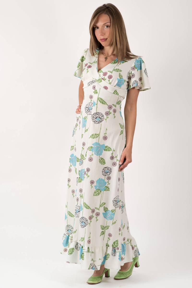 Vintage Creme Retro Floral Print Flutter Ärmel Maxi Kleid | Größe Klein/Medium von UrbanTownVintage