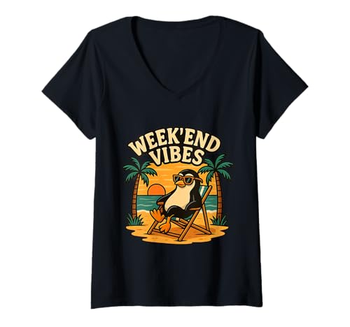 Damen Wochenendstimmung Retro -Stil für entspannte Freizeitoutfits T-Shirt mit V-Ausschnitt Damen Wochenendstimmung Retro -Stil für entspannte Freizeitoutfits T-Shirt mit V-Ausschnitt von Urbanase -Bekleidung