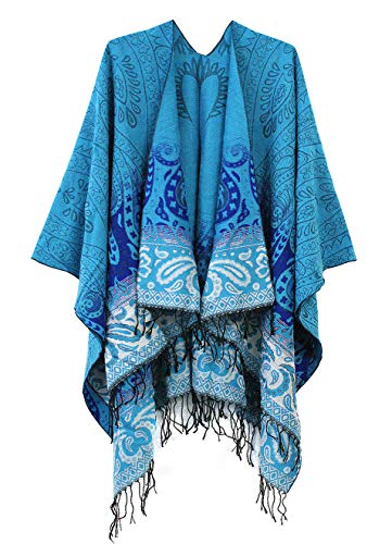 Modischer Damenponcho, Vintage-Umhang mit Quasten, traditionelles Muster, Schal-Umhang Gr. Einheitsgröße, Serie 4-blau von Urban CoCo