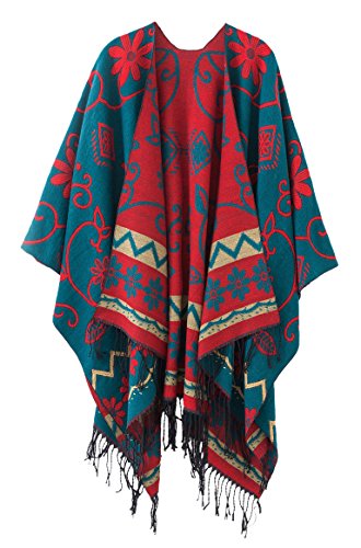 Schicker Damenponcho, Vintage-Umhang mit Schal und Quasten, traditionelles Muster Gr. One size, dunkelgrün von Urbancoco