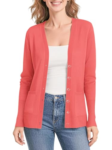 Urban CoCo Leichter Langarm-Cardigan für Damen, V-Ausschnitt, Knopfleiste, Strickpullover mit Taschen, Koralle, Groß von Urban CoCo