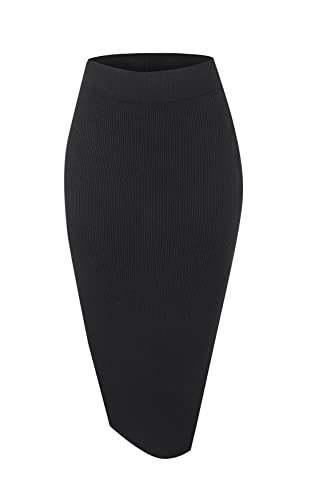 Urban CoCo Damen Elastische Taille Gestrickter Split Tube Bleistift Midi Rock, schwarz, Groß von Urban CoCo