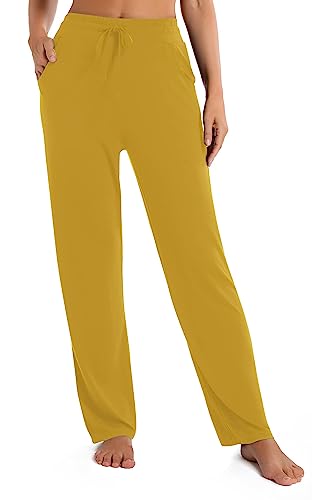 Urban CoCo Damen Gerades Bein Lange Hose Elastische Hohe Taille Kordelzug Freizeithose mit Taschen, Senf, M von Urban CoCo