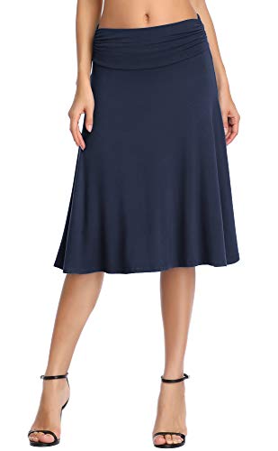 Urban CoCo Damen Rüschen Hohe Taille Knielang Jersey A-Linie Dehnbar Ausgestellter Freizeitrock, Marineblau, Groß von Urbancoco