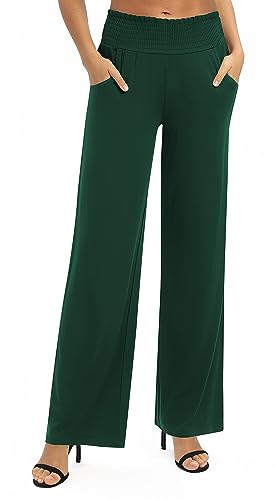 Urban CoCo Damen Solide Weite Bein Palazzo Loungehose Casual Gerades Bein Hohe Taille Stretch Hose, Dunkelgrün, X-Groß von Urban CoCo