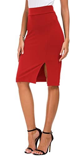 Urban Coco Damen Knielang Stretch Bleistiftrock Hohe Taille Bodycon Midi Gerade Rock, Rot/Ausflug, einfarbig (Getaway Solids), Groß von Urban CoCo