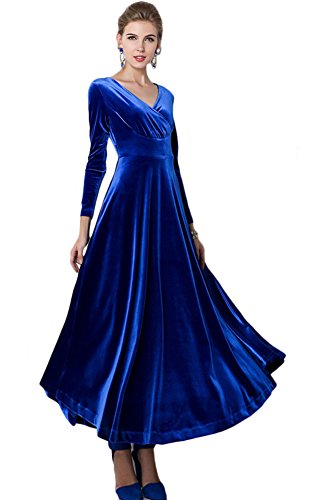 Damen Elegant V-Ausschnitt Langarm Samt Maxi Kleider Party A Linie Lang Abendkleider (L, Königsblau) von Urbancoco