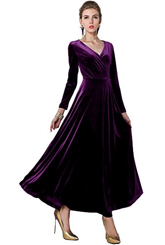 Damen Elegant V-Ausschnitt Langarm Samt Maxi Kleider Party A Linie Lang Abendkleider (M, Violett) von Urbancoco