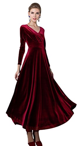 Damen Elegant V-Ausschnitt Langarm Samt Maxi Kleider Party A Linie Lang Abendkleider (M, Weinrot) von Urbancoco