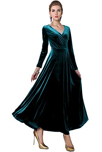 Damen Elegant V-Ausschnitt Langarm Samt Maxi Kleider Party A Linie Lang Abendkleider (S, Lyons Blau) von Urbancoco