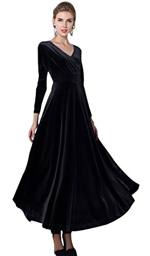 Damen Elegant V-Ausschnitt Langarm Samt Maxi Kleider Party A Linie Lang Abendkleider (XL, Schwarz) von Urbancoco