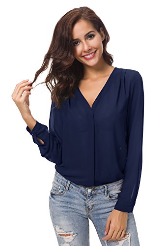 Urbancoco Damen V-Ausschnitt gekräuselten Schulter Langarm Lose Chiffon Blusen (L, Navy Blue) von Urban GoCo