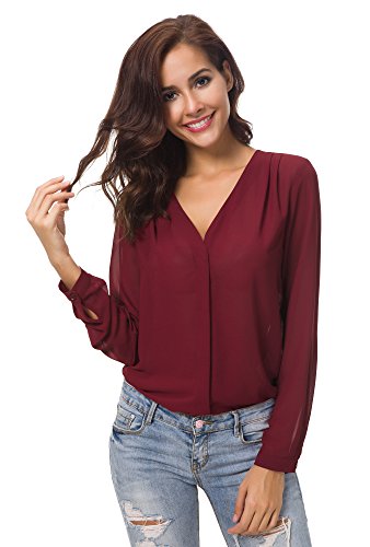 Urbancoco Damen V-Ausschnitt gekräuselten Schulter Langarm Lose Chiffon Blusen (L, weinrot) von Urban GoCo