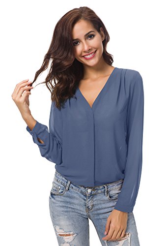 Urbancoco Damen V-Ausschnitt gekräuselten Schulter Langarm Lose Chiffon Blusen (XL, Graublau) von Urban GoCo