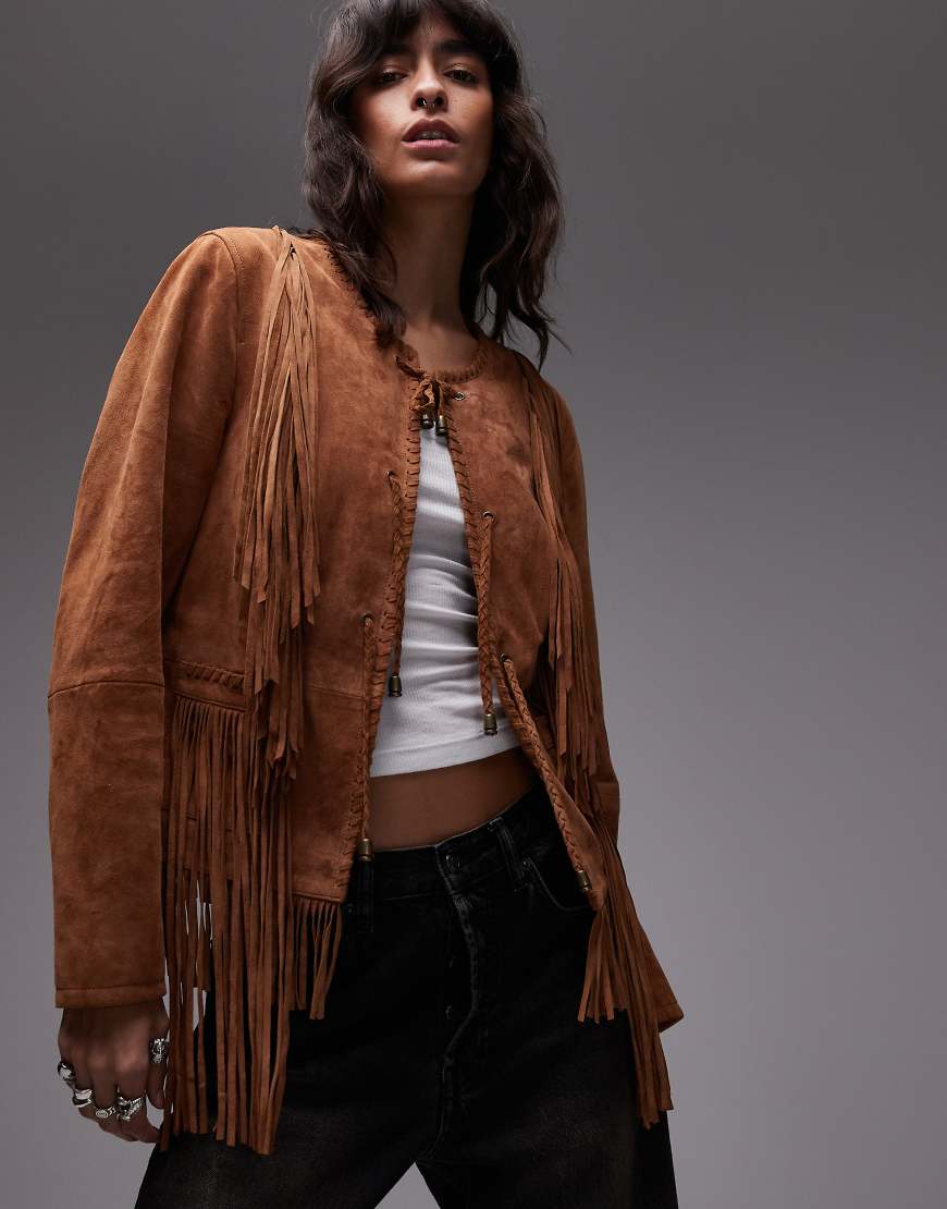 Urbancode - Boho-Jacke aus Wildleder in Kastanienbraun mit Fransen von Urbancode