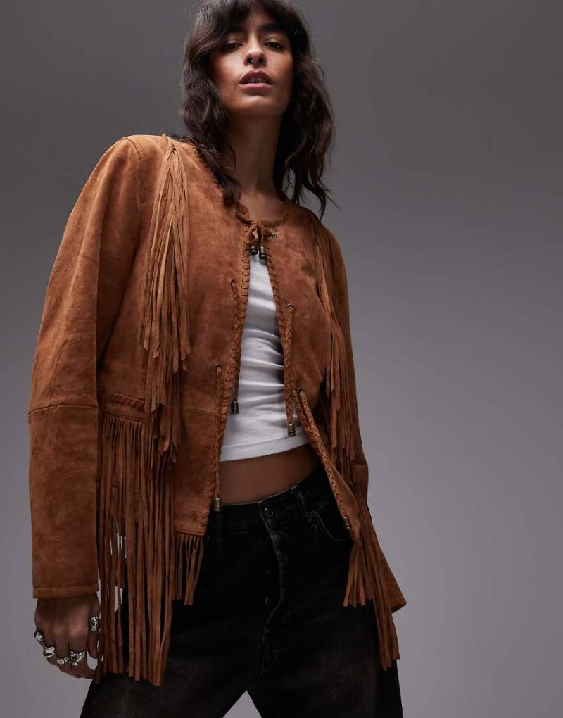 Urbancode - Boho-Jacke aus Wildleder in Kastanienbraun mit Fransen von Urbancode