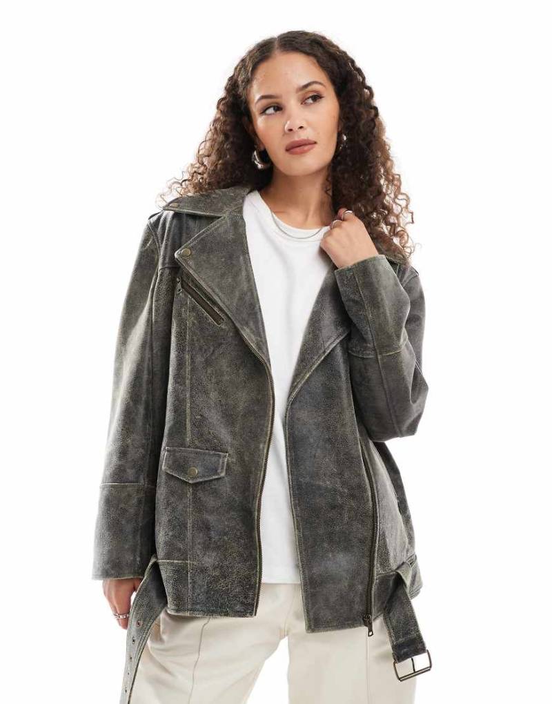 Urbancode - Longline-Bikerjacke in Braun mit Used-Optik von Urbancode