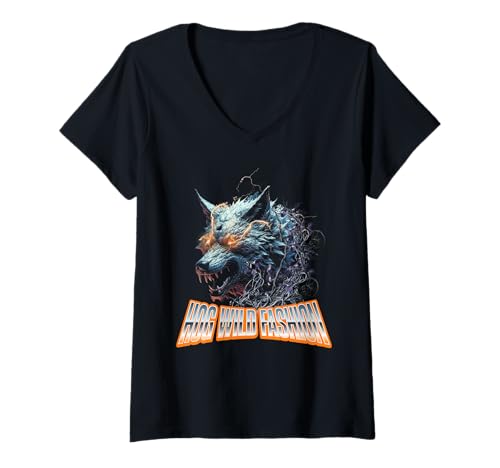 Damen Elektrischer Wolf Tierchaos Energie Naturkraft T-Shirt mit V-Ausschnitt Damen Elektrischer Wolf Tierchaos Energie Naturkraft T-Shirt mit V-Ausschnitt von Urbaner Look Raubtier Natur Motiv