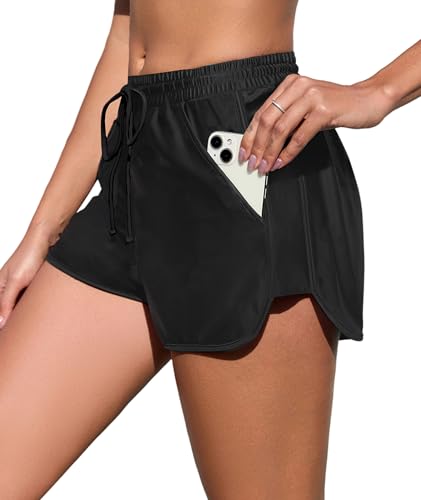 Urchics Damen-Badeshorts, hohe Taille, Boardshorts mit LSF 50+, schnell trocknend, Strand-Badehose mit Taschen, Schwarz, Medium von Urchics