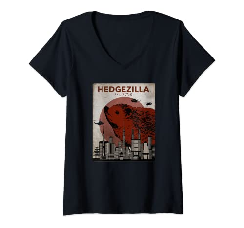 Damen Seltene Hedgezilla Movie Poster Style Grafik Igel Kunst T-Shirt mit V-Ausschnitt von Urchin Wear