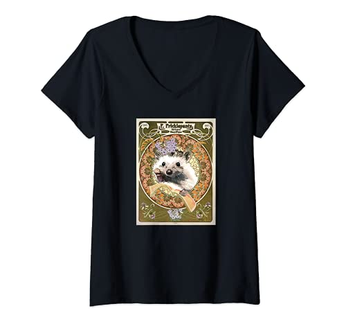 Damen Vintage Art Nouveau Igel Hedgehog Alphonse Mucha Style T-Shirt mit V-Ausschnitt von Urchin Wear