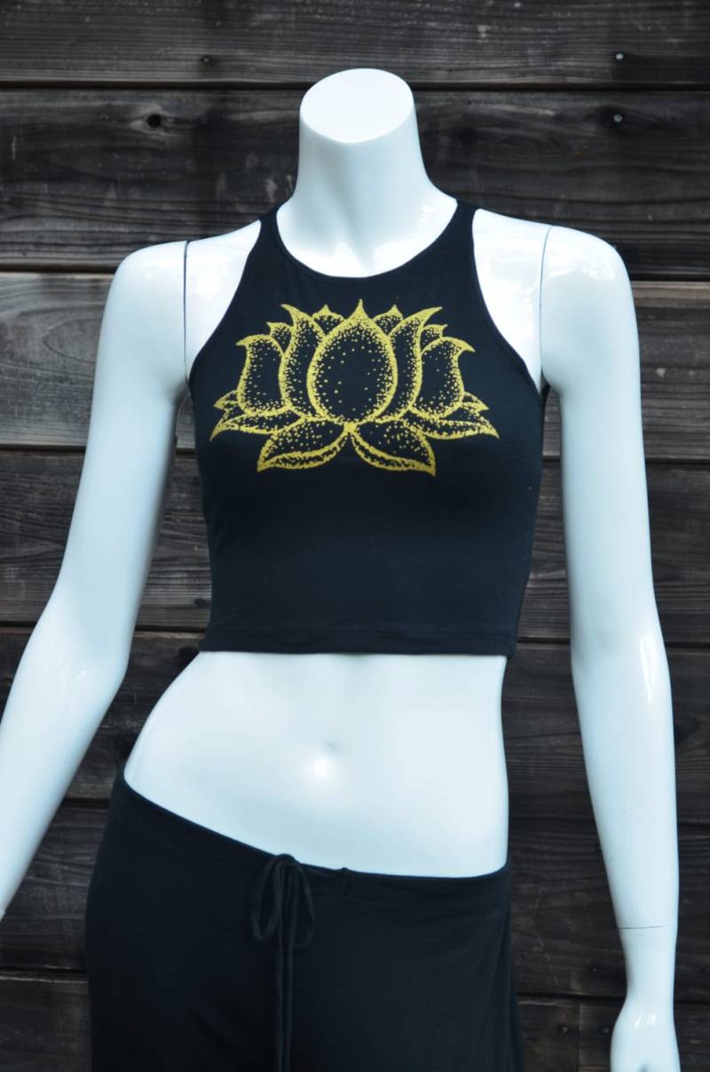 Glow in The Dark Und Gold Lotus Flower Schwarz Crop Top - Frauen Yoga Festival Kleidung von UriahClearLight