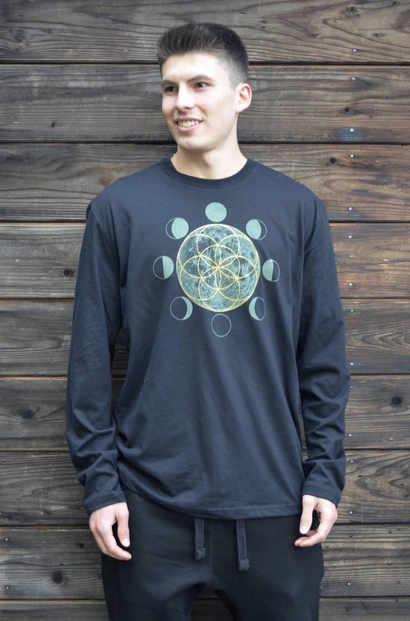 Samen Des Lebens Mond Schwarz Langarm Shirt - Glow in The Dark Festival Herren Heilige Geometrie Lunar von UriahClearLight