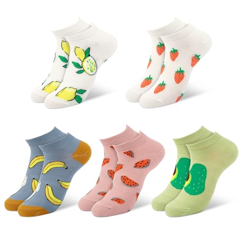 Urker 5 Paar Sneaker Socken Damen 35-38, Baumwolle Bunte Kurze Socken mit Früchten Bedruckt,Süße Lässige Söckchen von Urker