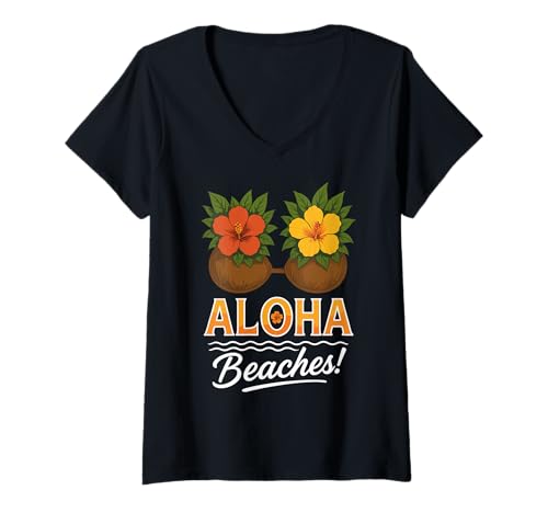 Damen Kokosnuss-BH Aloha Beaches T-Shirt mit V-Ausschnitt von Urlaub Party
