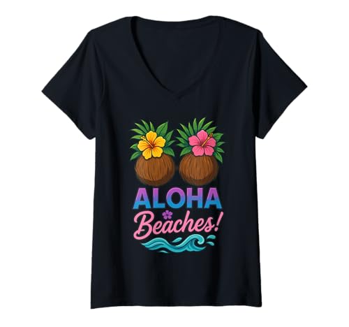 Damen Kokosnuss-BH Aloha Beaches T-Shirt mit V-Ausschnitt von Urlaub Party