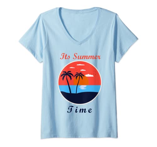 Damen Tropischer Sommerstrand zwei Palmen bei Sonnenuntergang T-Shirt mit V-Ausschnitt von Urlaub Sommer Tropisch Strand Sonnenuntergang