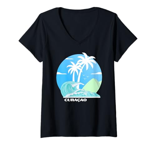 Damen Curacao Palmen auf Einer Insel in der Karibik Souvenir T-Shirt mit V-Ausschnitt von Urlaub auf Curaçao
