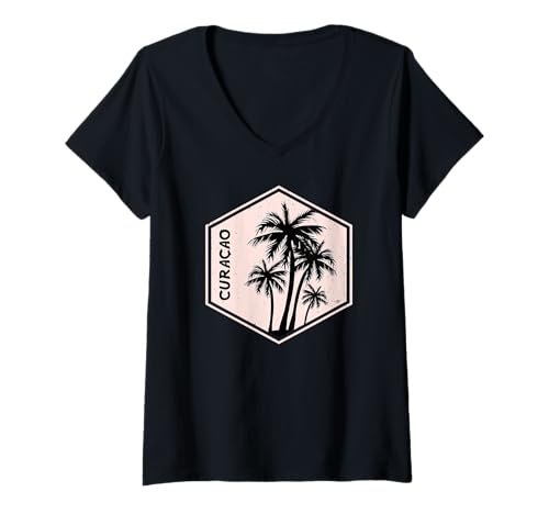 Damen Curacao Souvenir Palmen Karibik T-Shirt mit V-Ausschnitt von Urlaub auf Curaçao