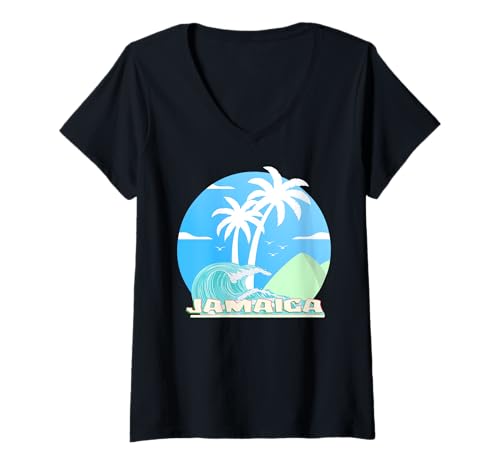 Damen Jamaika Karibik Palmen hohe Wellen Sandstrand Insel Souvenir T-Shirt mit V-Ausschnitt Damen Jamaika Karibik Palmen hohe Wellen Sandstrand Insel Souvenir T-Shirt mit V-Ausschnitt von Urlaubsziele: Jamaika